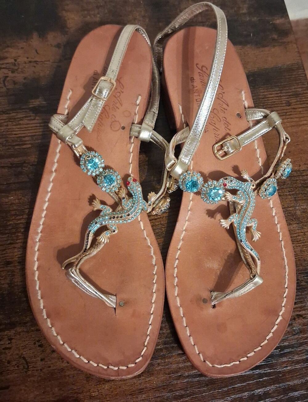 L'Arte del Sandalo Caprese Gold Leather Lizard Rhinestone Ankle Strap EU 38